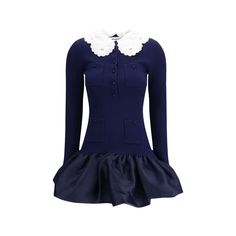 self-portrait blue pointelle knit mini dress BLUE POINTELLE PEPLUM KNIT MINI DRESS - Self-portrait