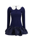 Self-Portrait Taffeta & Lace Knit Mini Dress - Dark Blue