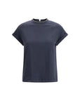 Brunello Cucinelli Blue Stretch Cotton High Neckline T-Shirt