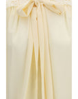 Chloé Lace & Embroidery Tie Neck Blouse - Ivory/Beige
