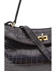 Balenciaga Black Crocodile Embossed Rodeo Leather Shoulder Bag
