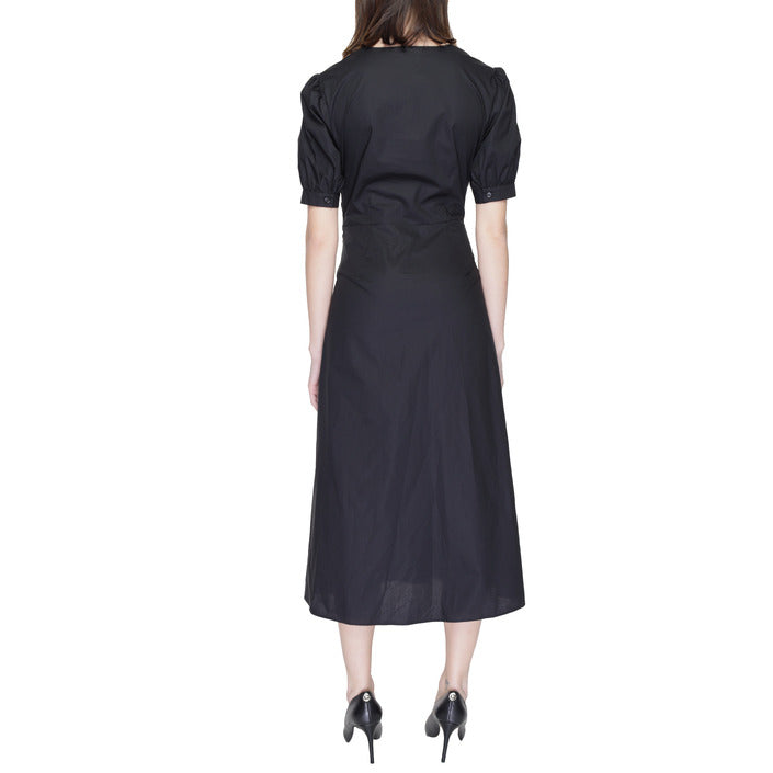 Alviero Martini Prima Classe 100% Cotton Black Midi Dress With Puff Sleeve