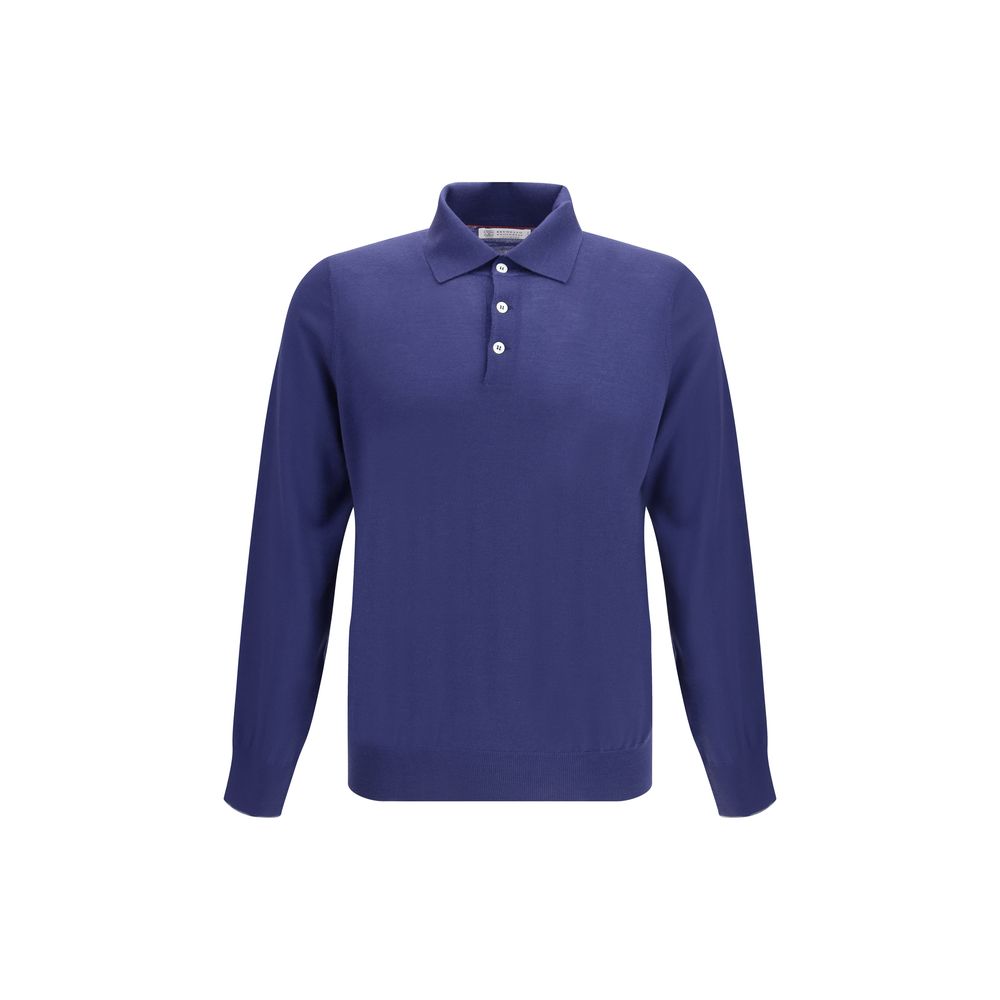 Brunello Cucinelli Blue Cashmere-Wool Long Sleeve Polo Shirt