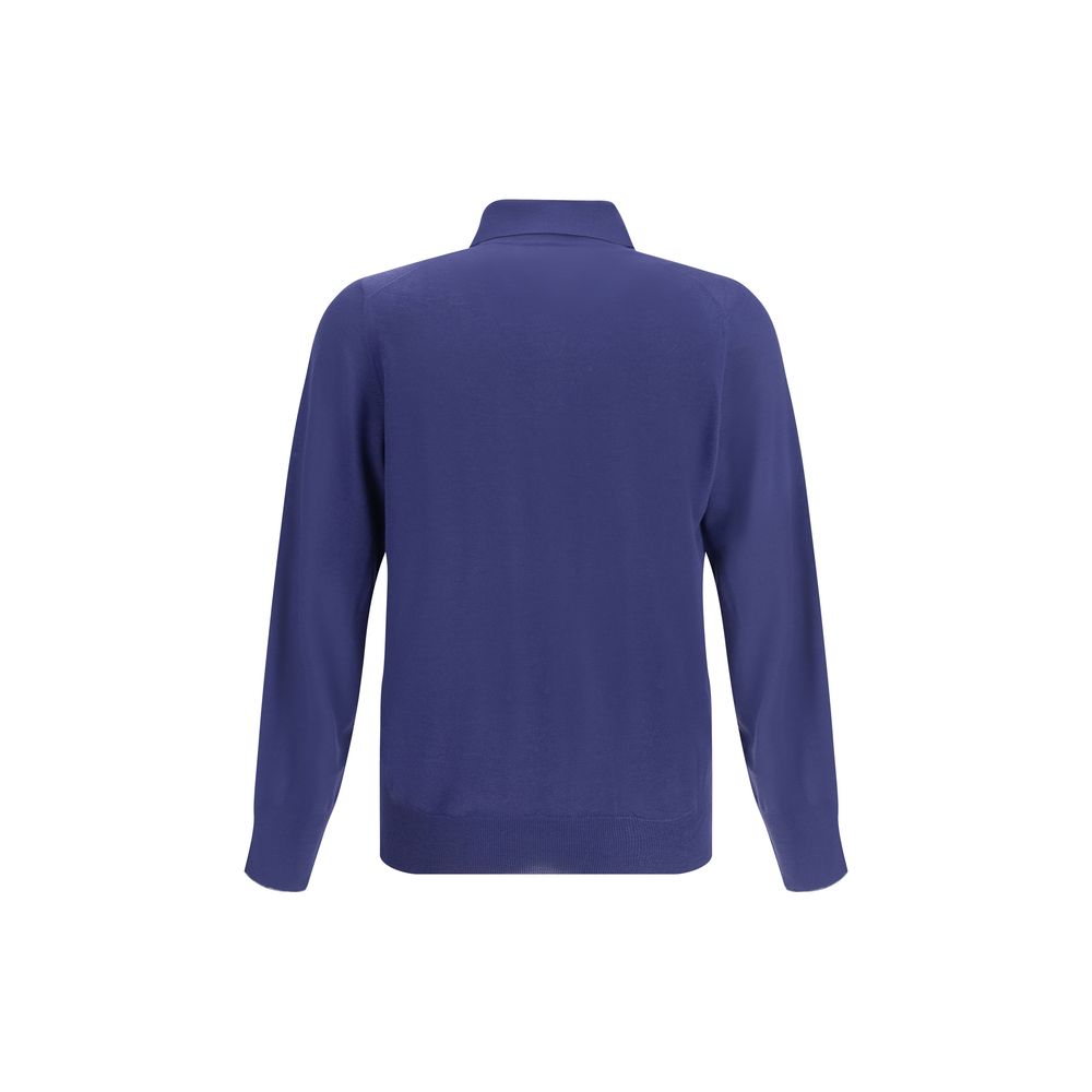 Brunello Cucinelli Blue Cashmere-Wool Long Sleeve Polo Shirt