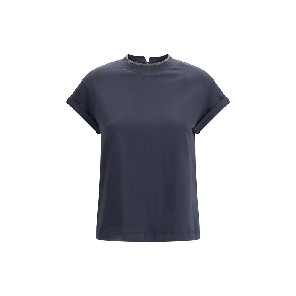 Brunello Cucinelli Blue Stretch Cotton High Neckline T-Shirt