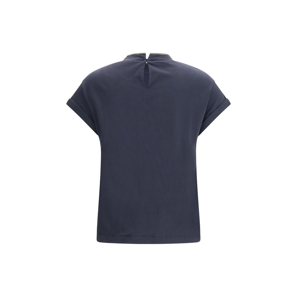Brunello Cucinelli Blue Stretch Cotton High Neckline T-Shirt