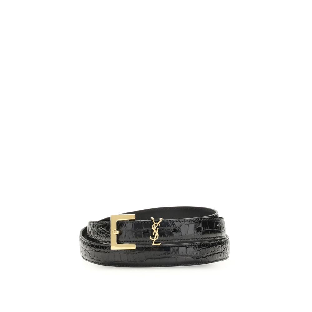 Saint Laurent Crocodile Embossed Leather Belt - Black