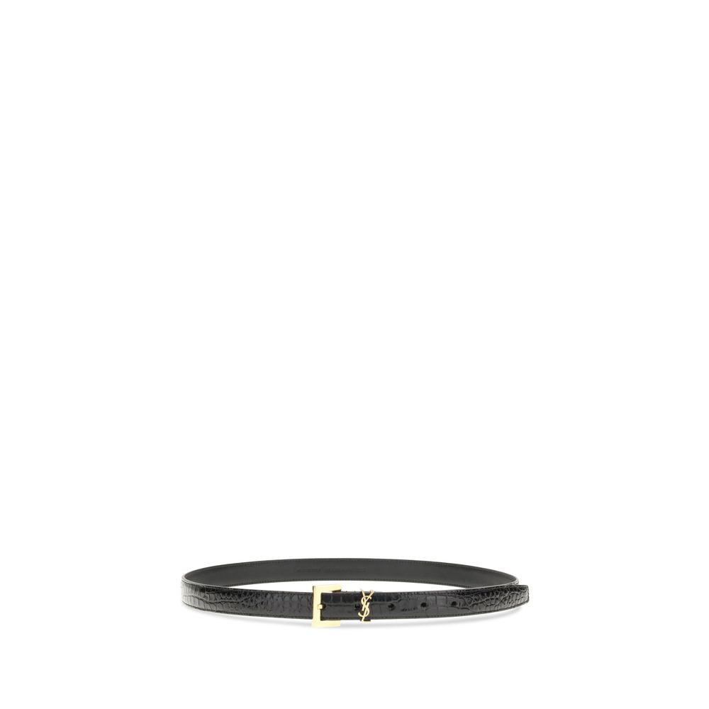 Saint Laurent Crocodile Embossed Leather Belt - Black
