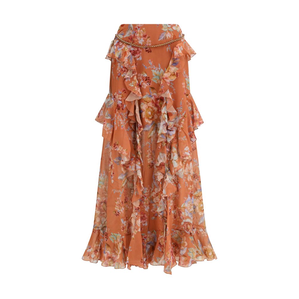 Zimmermann Floral Ruffle Silk-Cotton Long Skirt