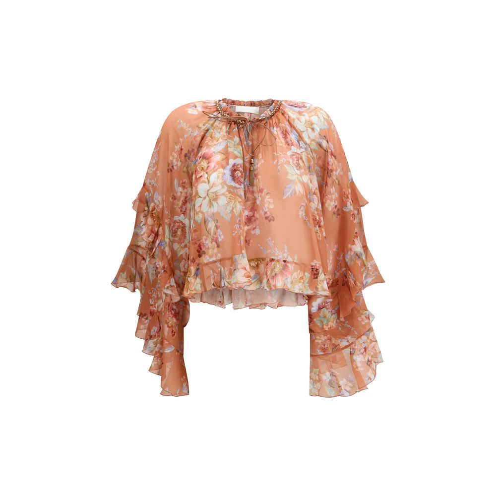 Zimmermann Floral Silk-Cotton Ruffled Blouse