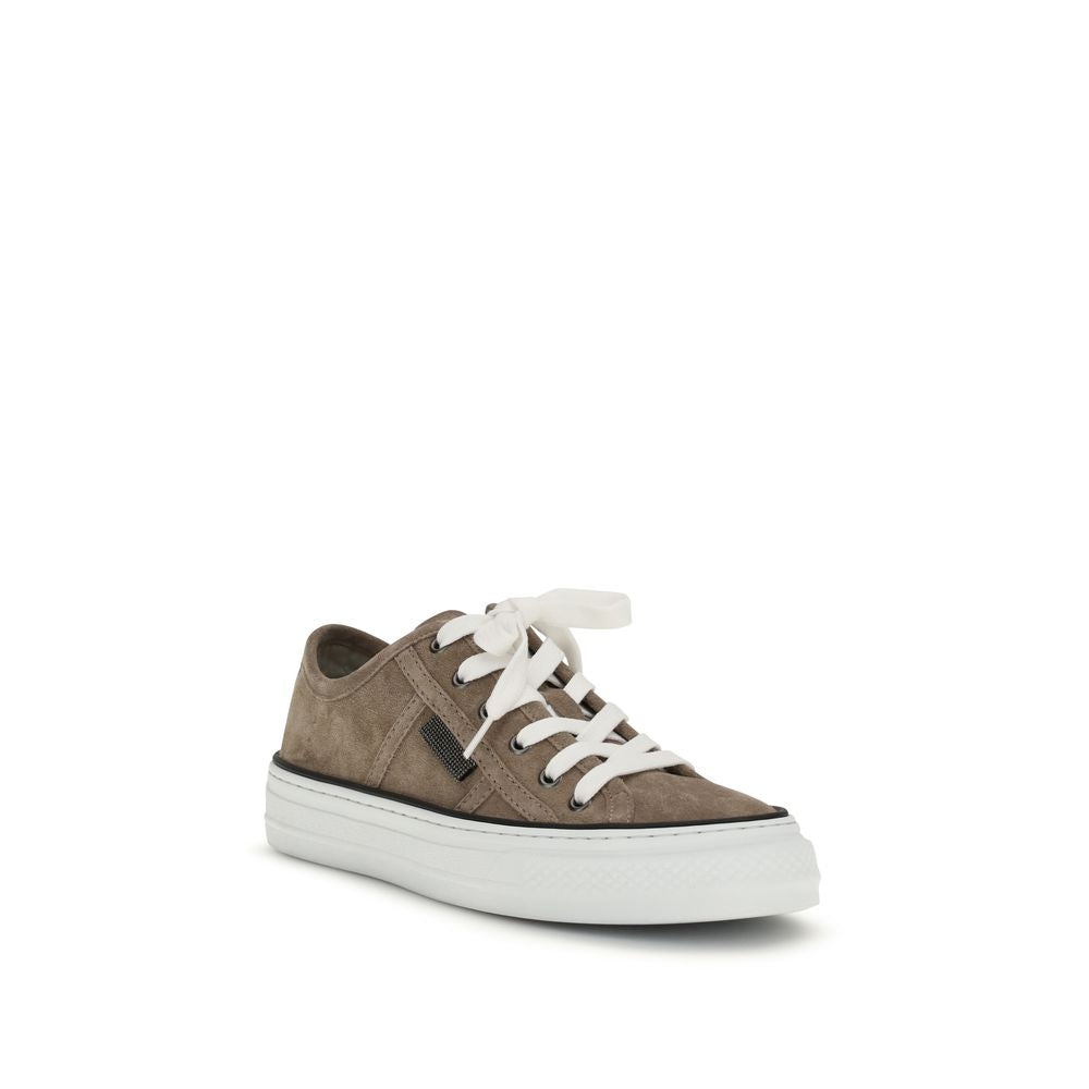 Brunello Cucinelli Shiny Tab Suede Leather Sneakers