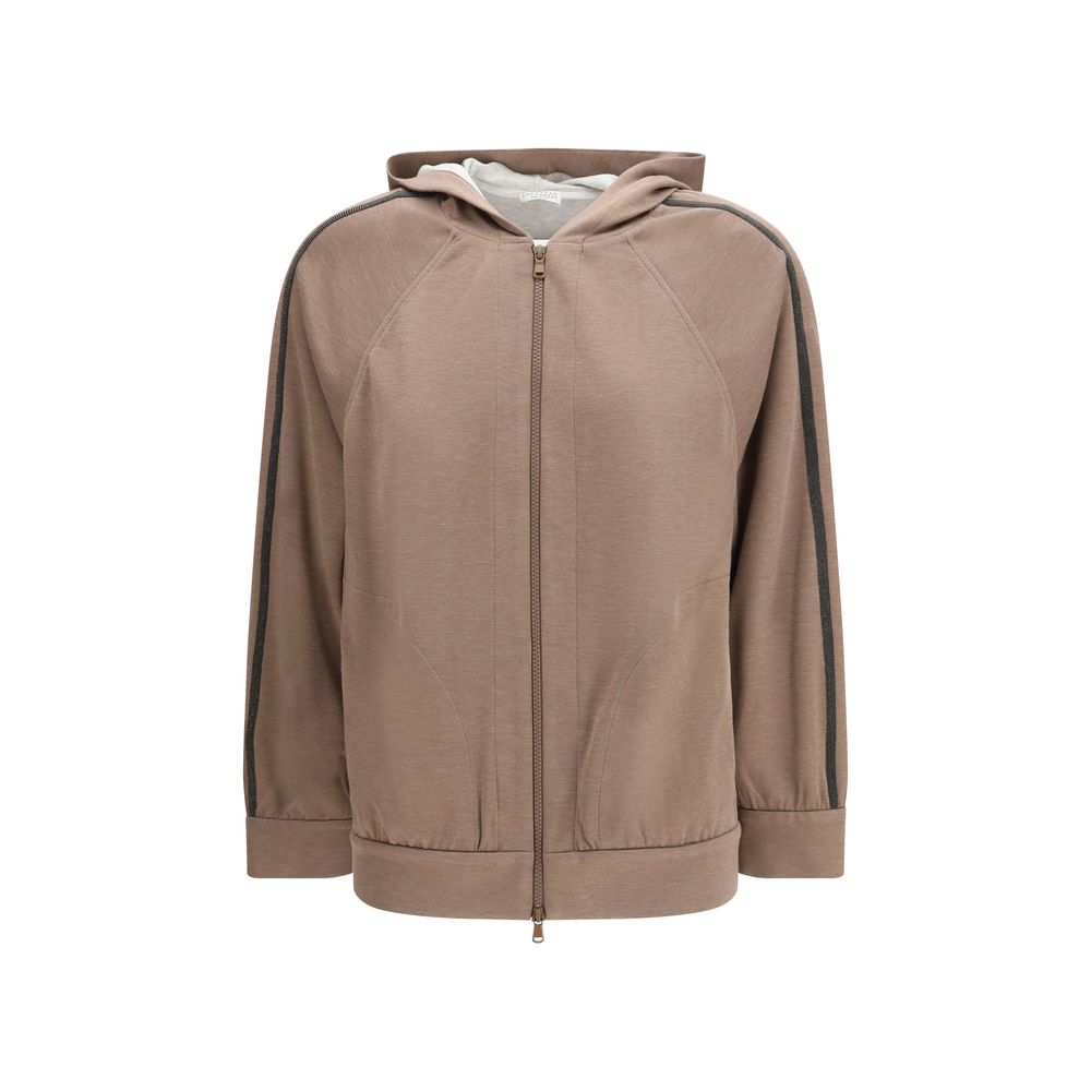Brunello Cucinelli Brown Silk Zip-Up Hooded Jacket