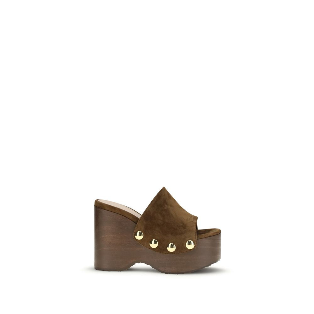 Gianvito Rossi Suede Leather Wedge Clog Mules - Brown