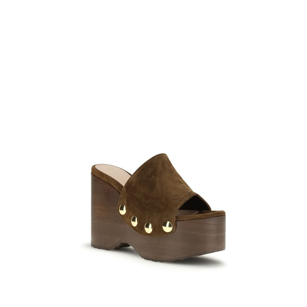 Gianvito Rossi Suede Leather Wedge Clog Mules - Brown