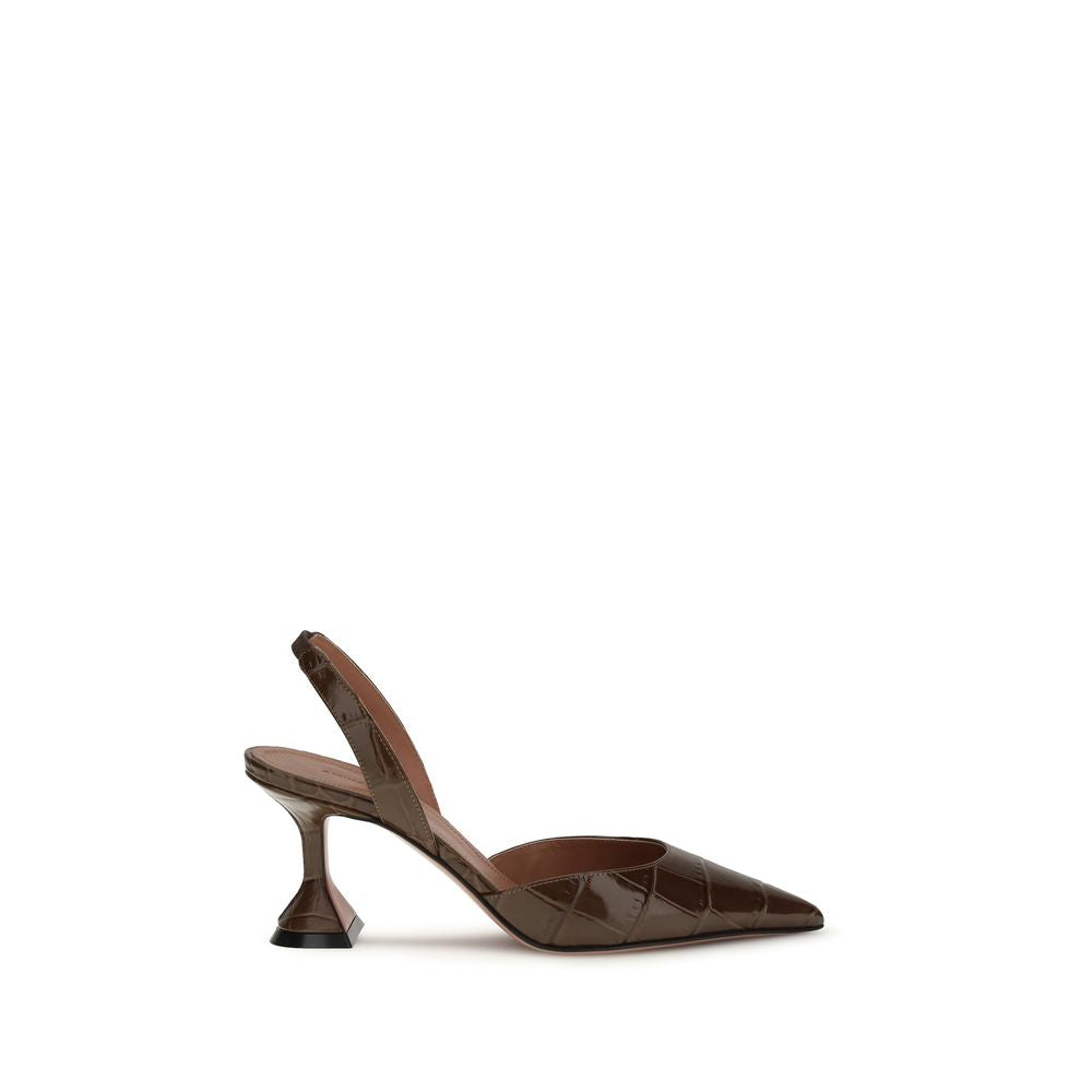 Amina Muaddi Crocodile Embossed Leather Holli Slingback Heels - Dark Chocolate