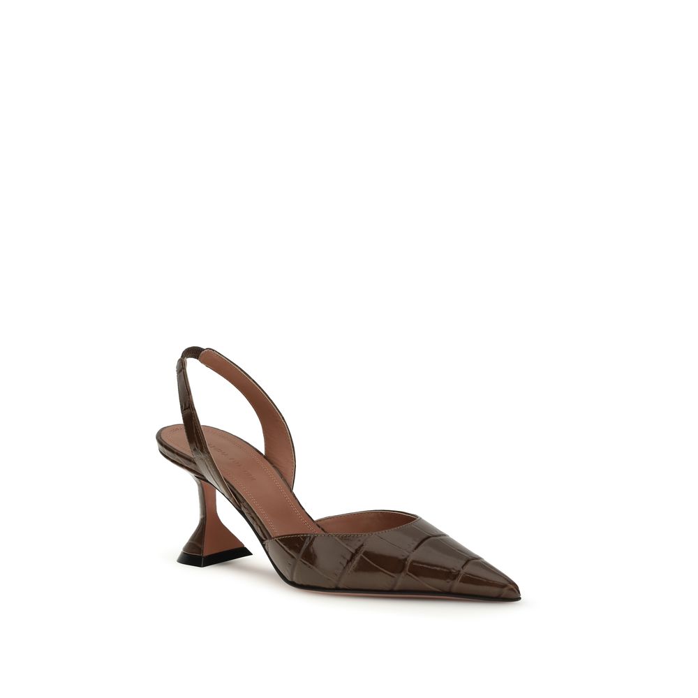 Amina Muaddi Crocodile Embossed Leather Holli Slingback Heels - Dark Chocolate