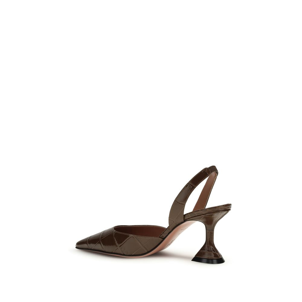 Amina Muaddi Crocodile Embossed Leather Holli Slingback Heels - Dark Chocolate