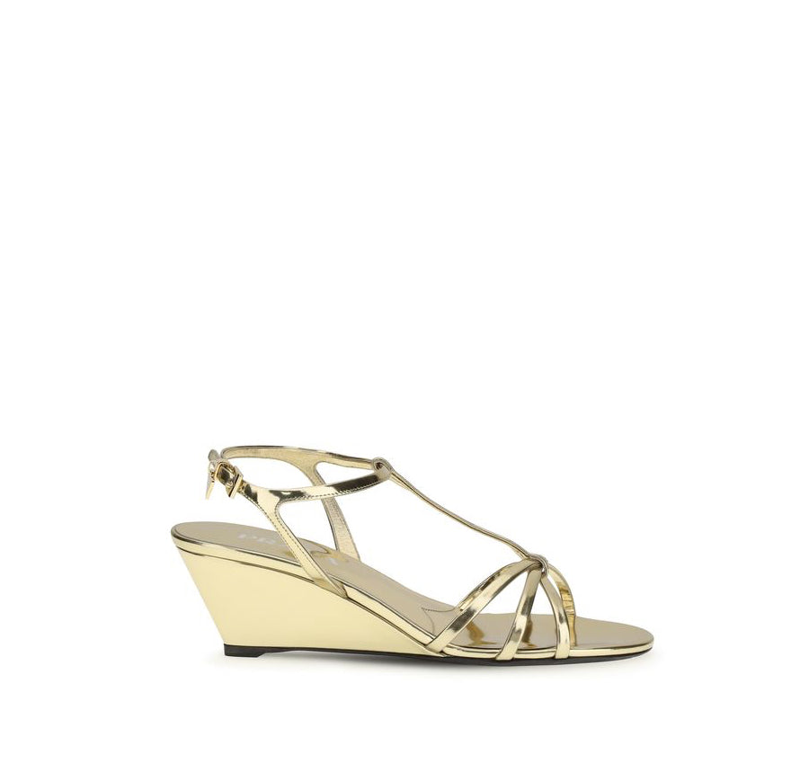 Prada Leather Wedge Sandals - Gold