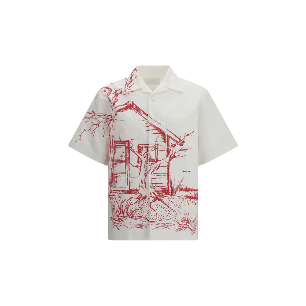 Prada Cotton Nature Print Bowling Shirt - Red & White