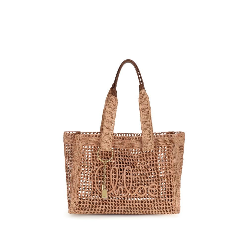 Chloé Logo Raffia Tote & Shoulder Bag - Beige