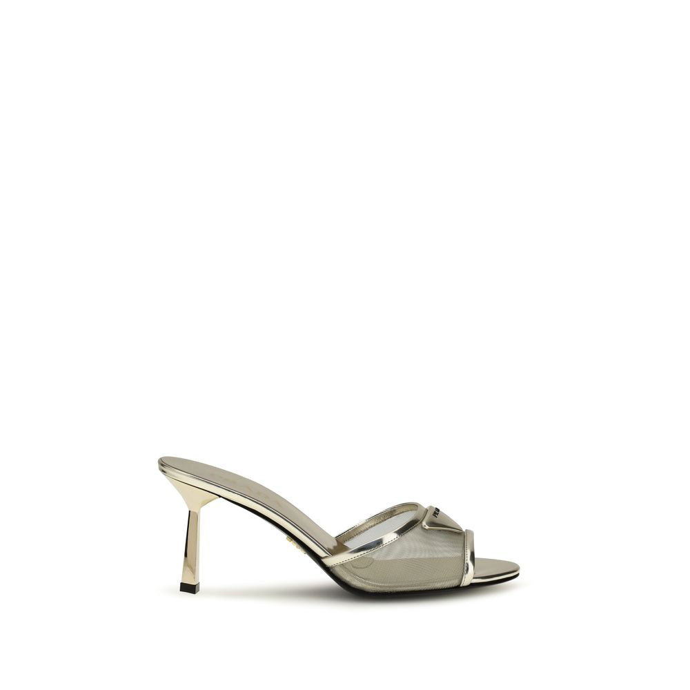 Prada Leather & Mesh Mule Sandals - Silver