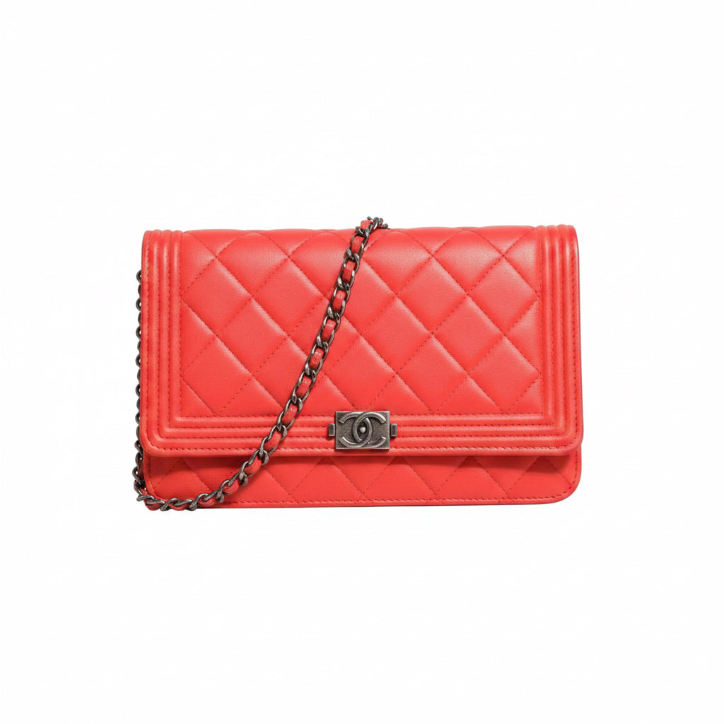Chanel Leather Boy Wallet On Chain - Red