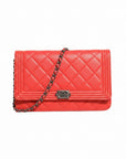Chanel Leather Boy Wallet On Chain - Red