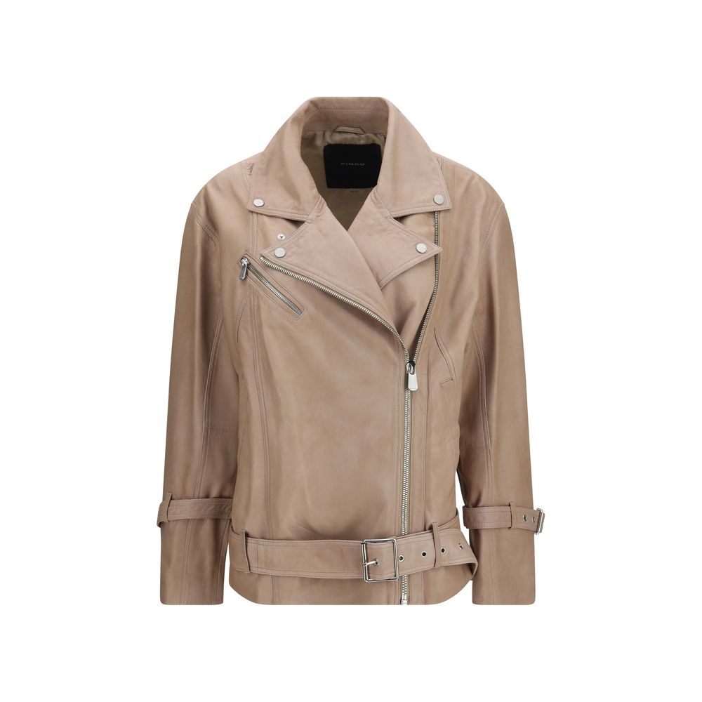 PINKO Vintage Biker Leather Jacket - Beige