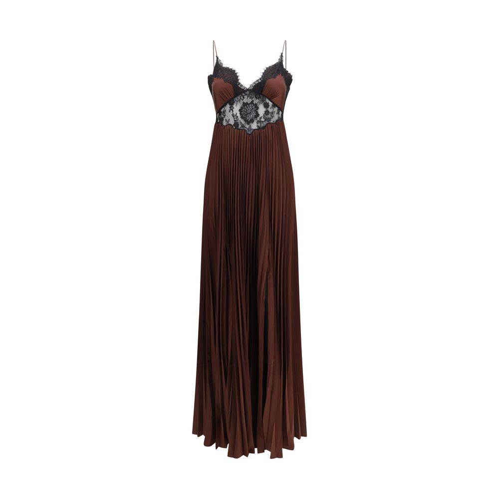 Self-Portrait Plunge Pleated Maxi Dress - Dark Brown