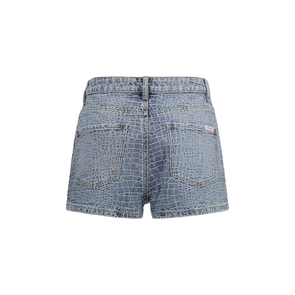 Self-Portrait Rhinestone Embellished Crocodile Embossed Denim Shorts