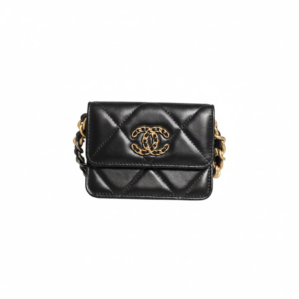 Chanel 19 Flap Coin Purse Quilted Leather Crossbody - Black
