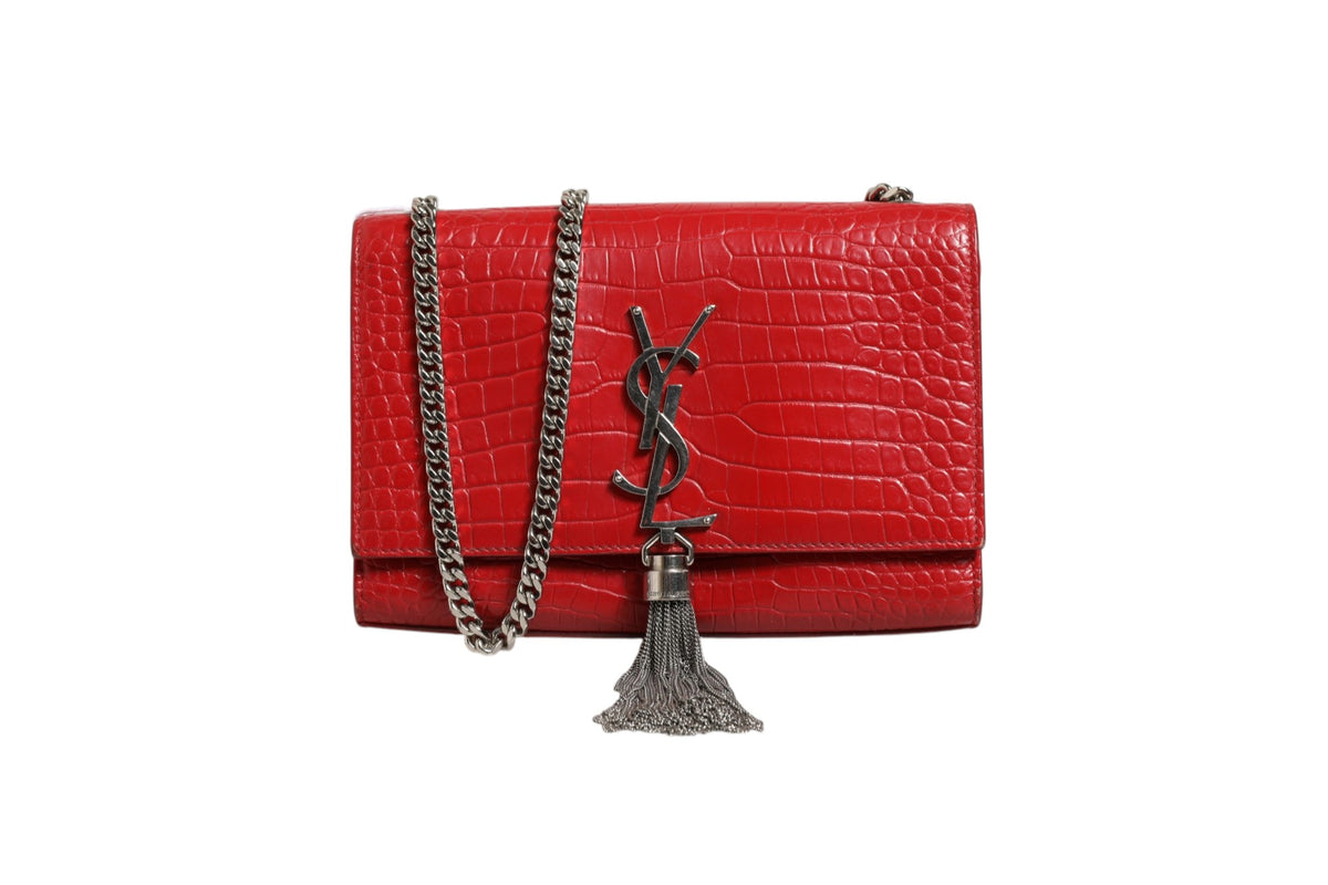 Saint Laurent Kate Tassel Chain Crocodile Embossed Leather Bag - Red