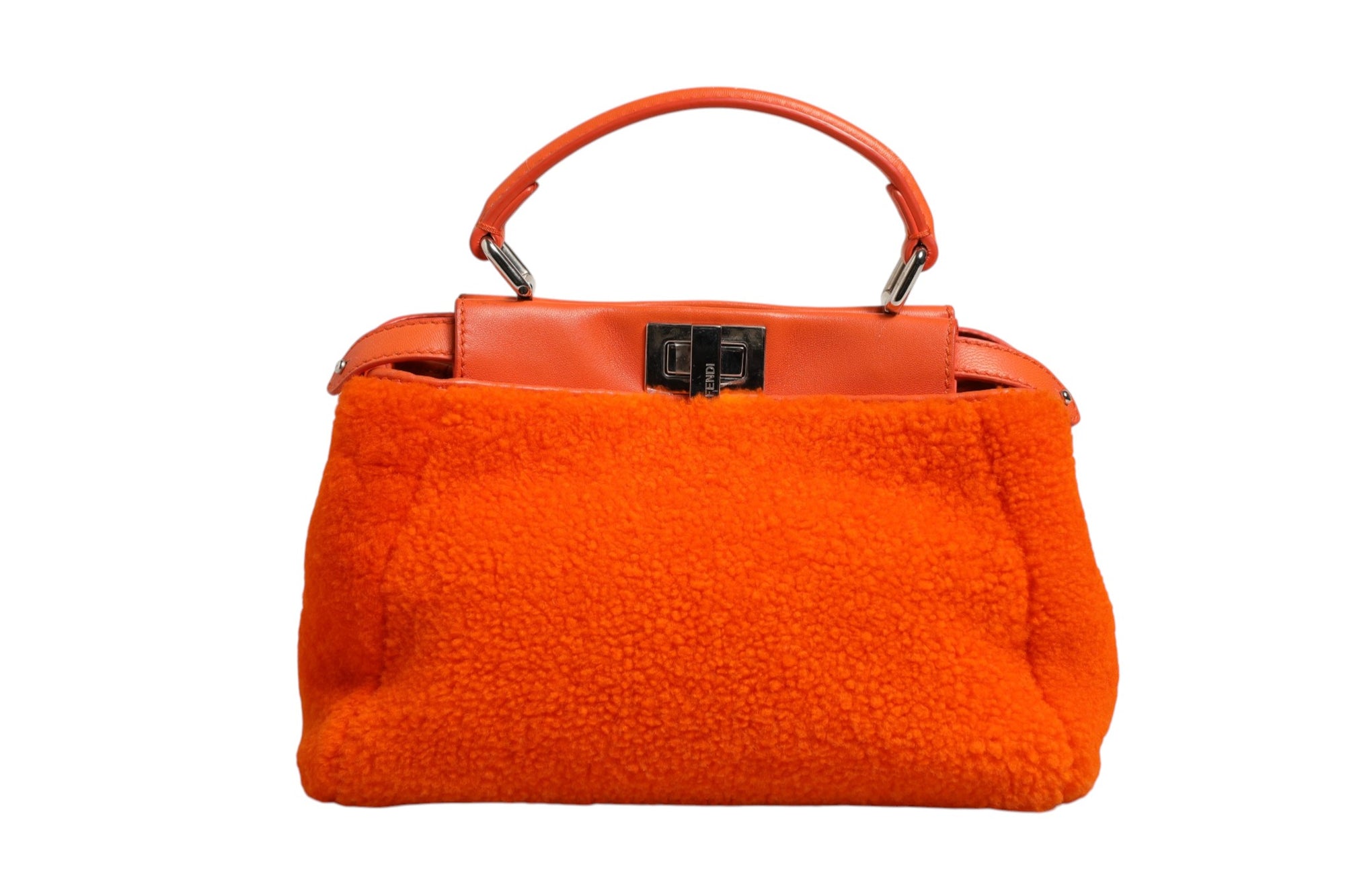 Fendi Leather &amp; Shearling Mini Peekaboo Top Handle Bag - Orange