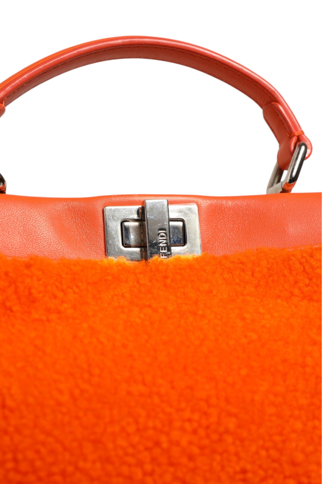 Fendi Leather &amp; Shearling Mini Peekaboo Top Handle Bag - Orange