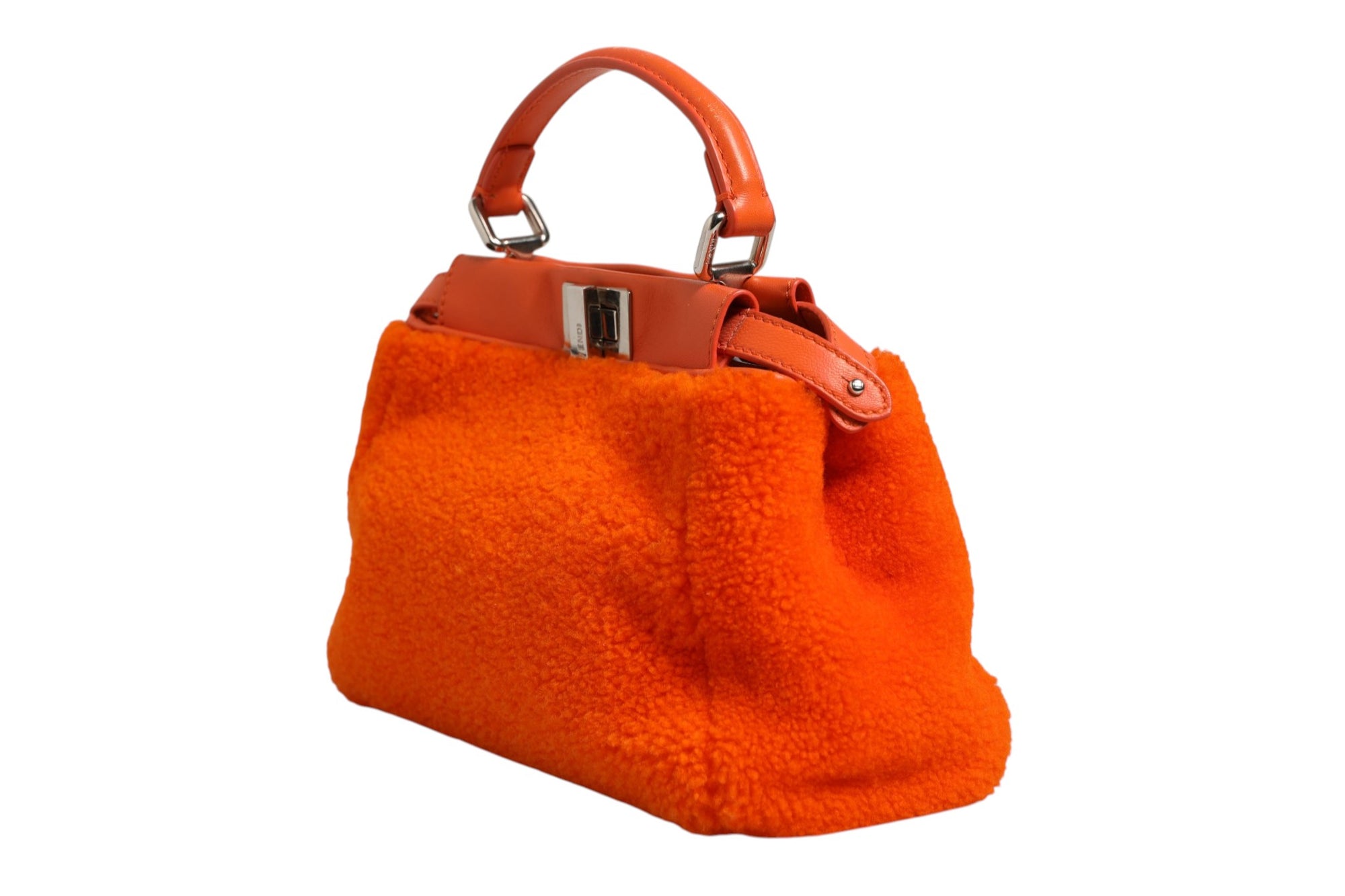 Fendi Leather &amp; Shearling Mini Peekaboo Top Handle Bag - Orange