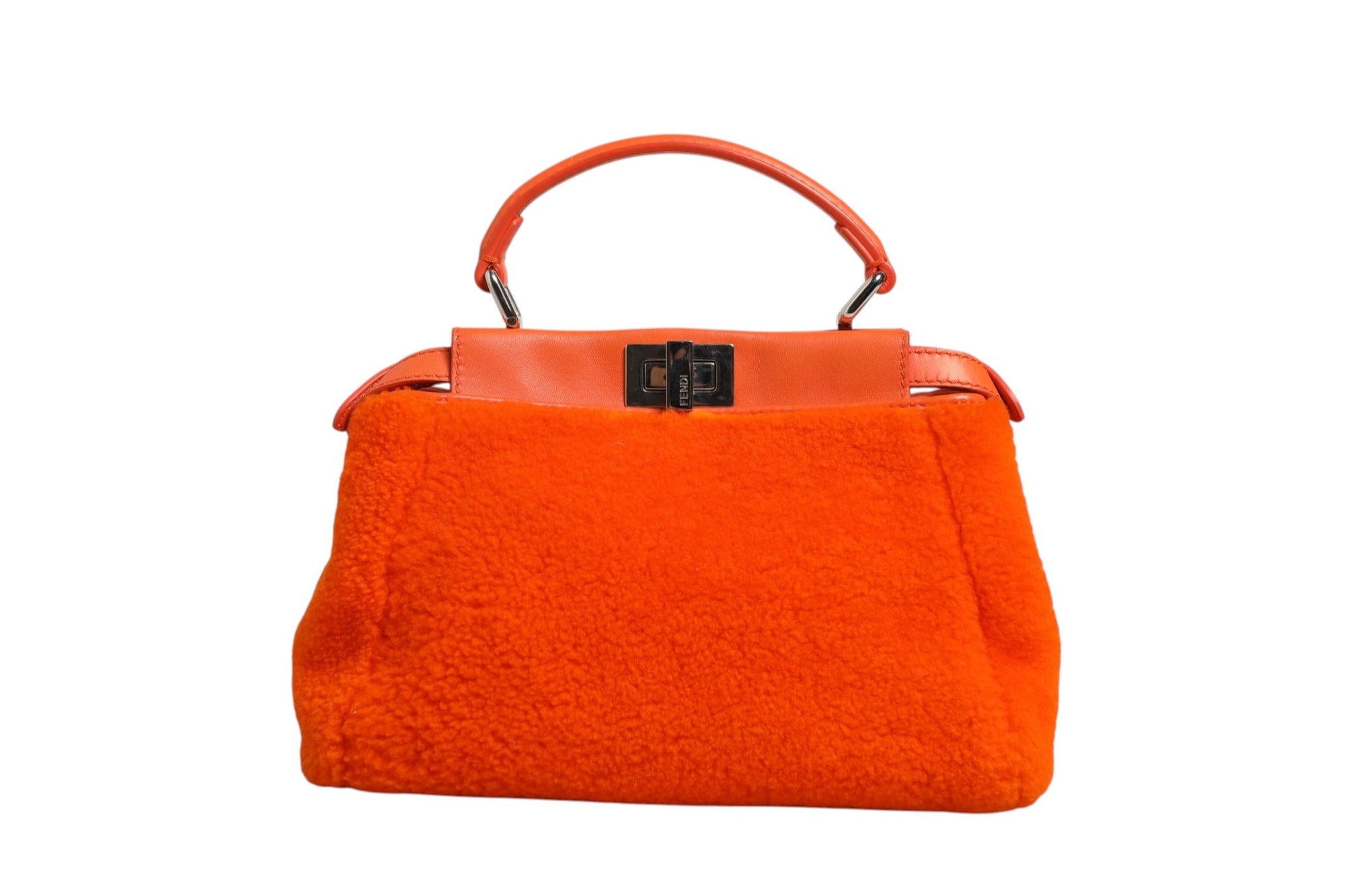 Fendi Leather &amp; Shearling Mini Peekaboo Top Handle Bag - Orange