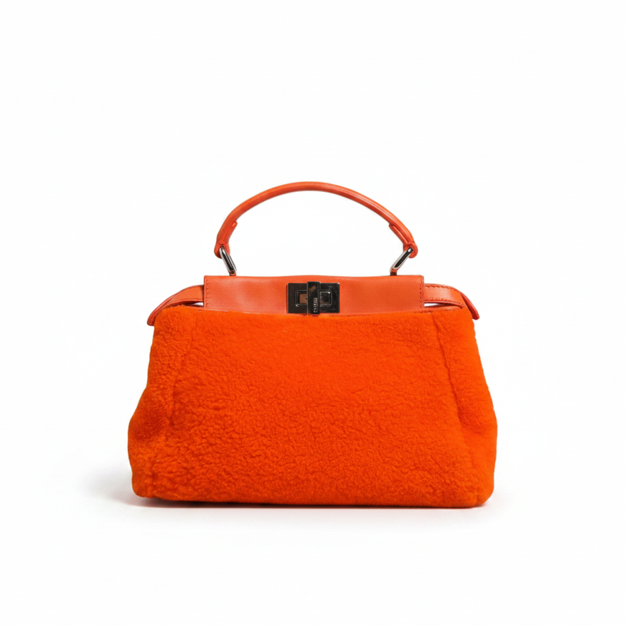 Fendi Leather &amp; Shearling Mini Peekaboo Top Handle Bag - Orange