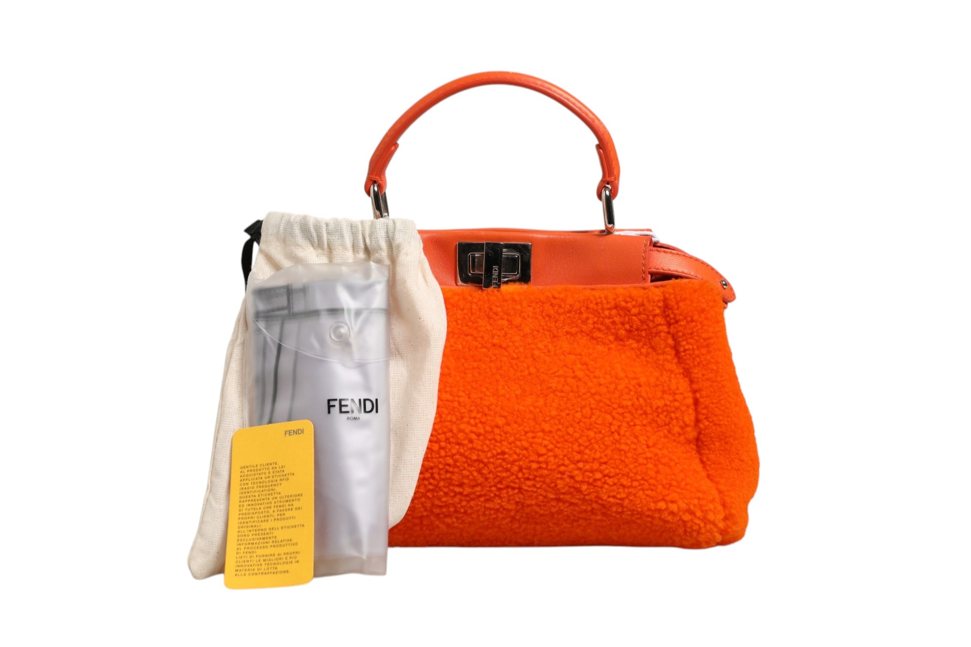 Fendi Leather &amp; Shearling Mini Peekaboo Top Handle Bag - Orange