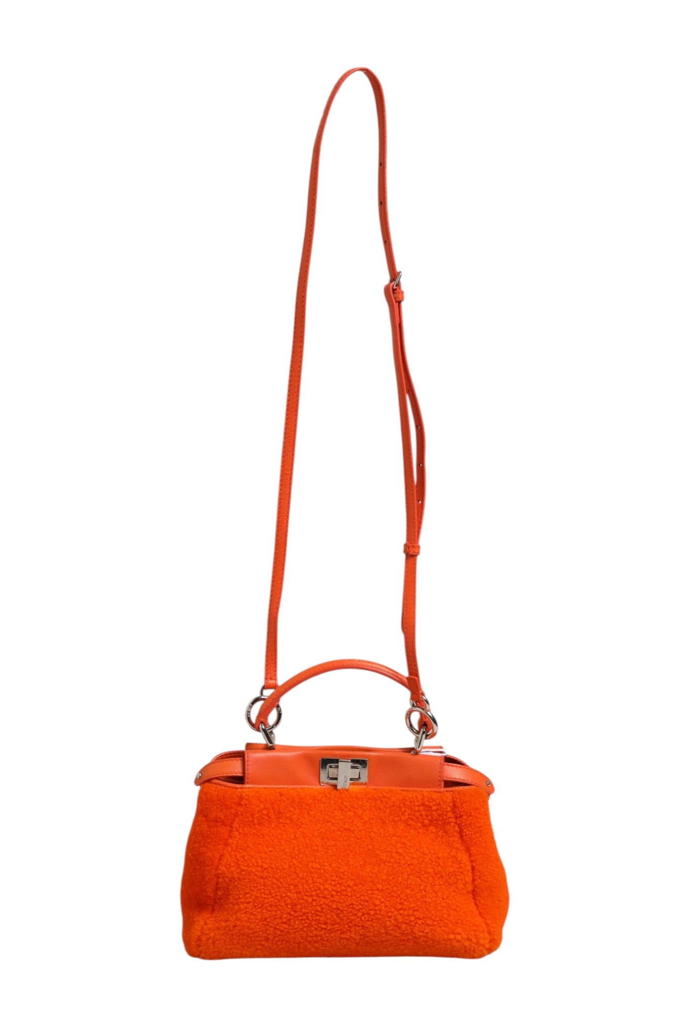 Fendi Leather &amp; Shearling Mini Peekaboo Top Handle Bag - Orange