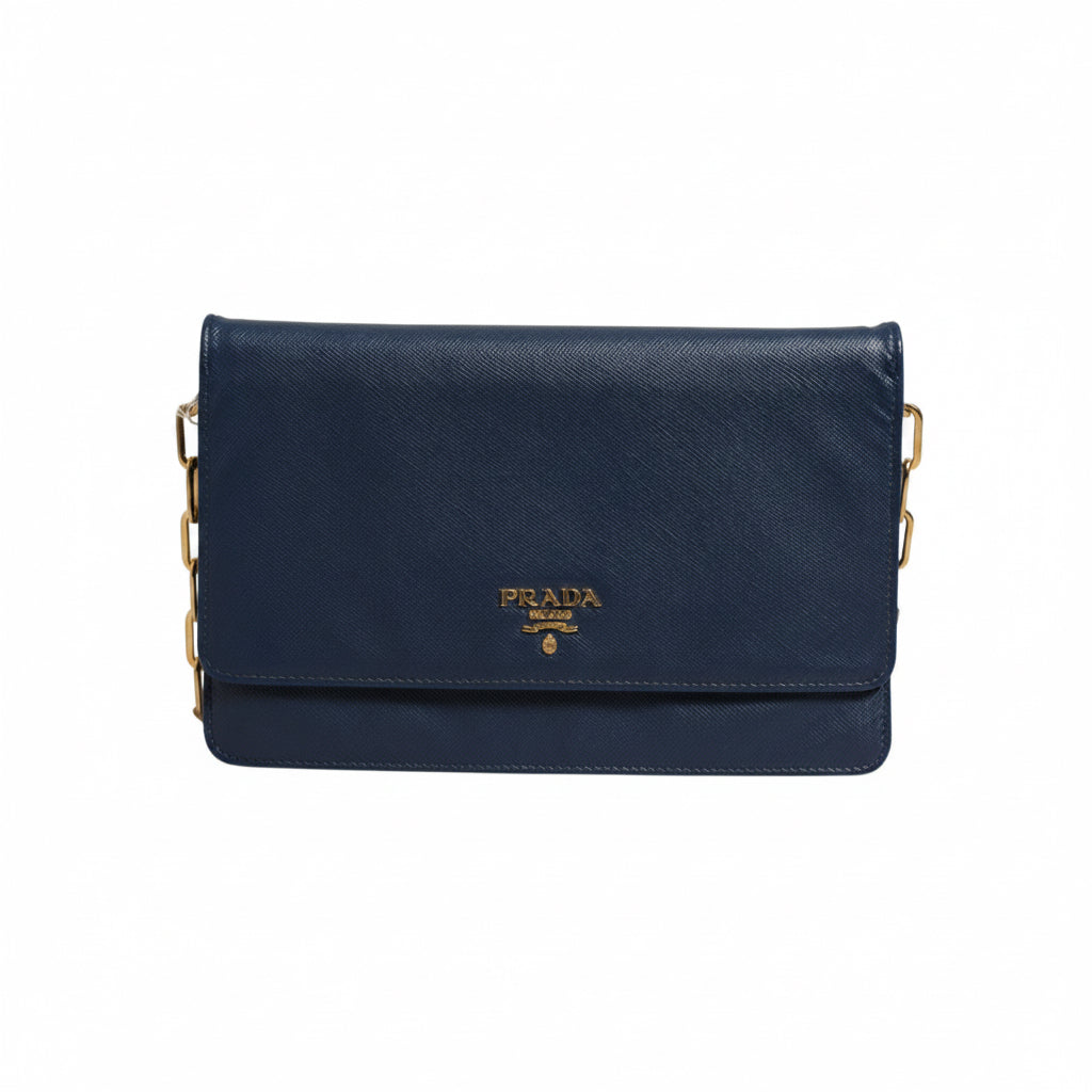 Prada Saffiano Leather Wallet on Chain Clutch Bag - Blue