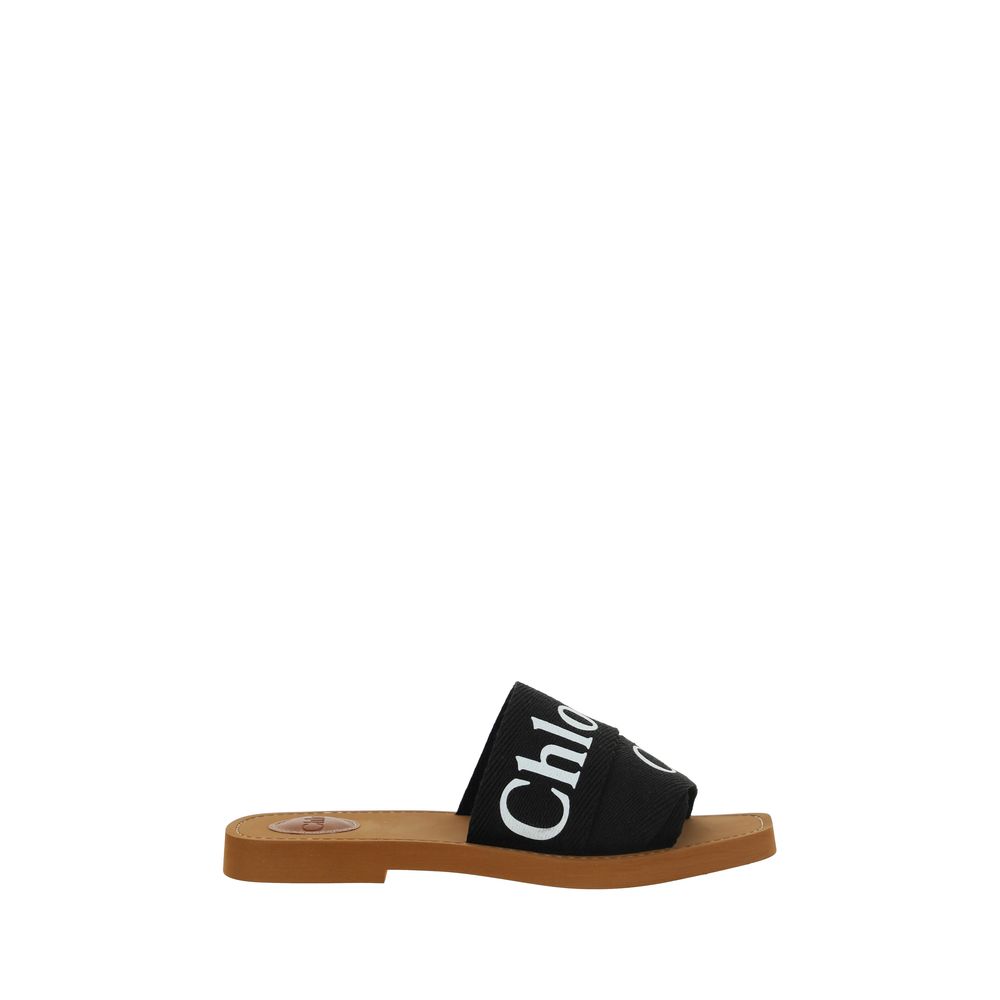 Chloé Linen Woody Flat Sandals - Black
