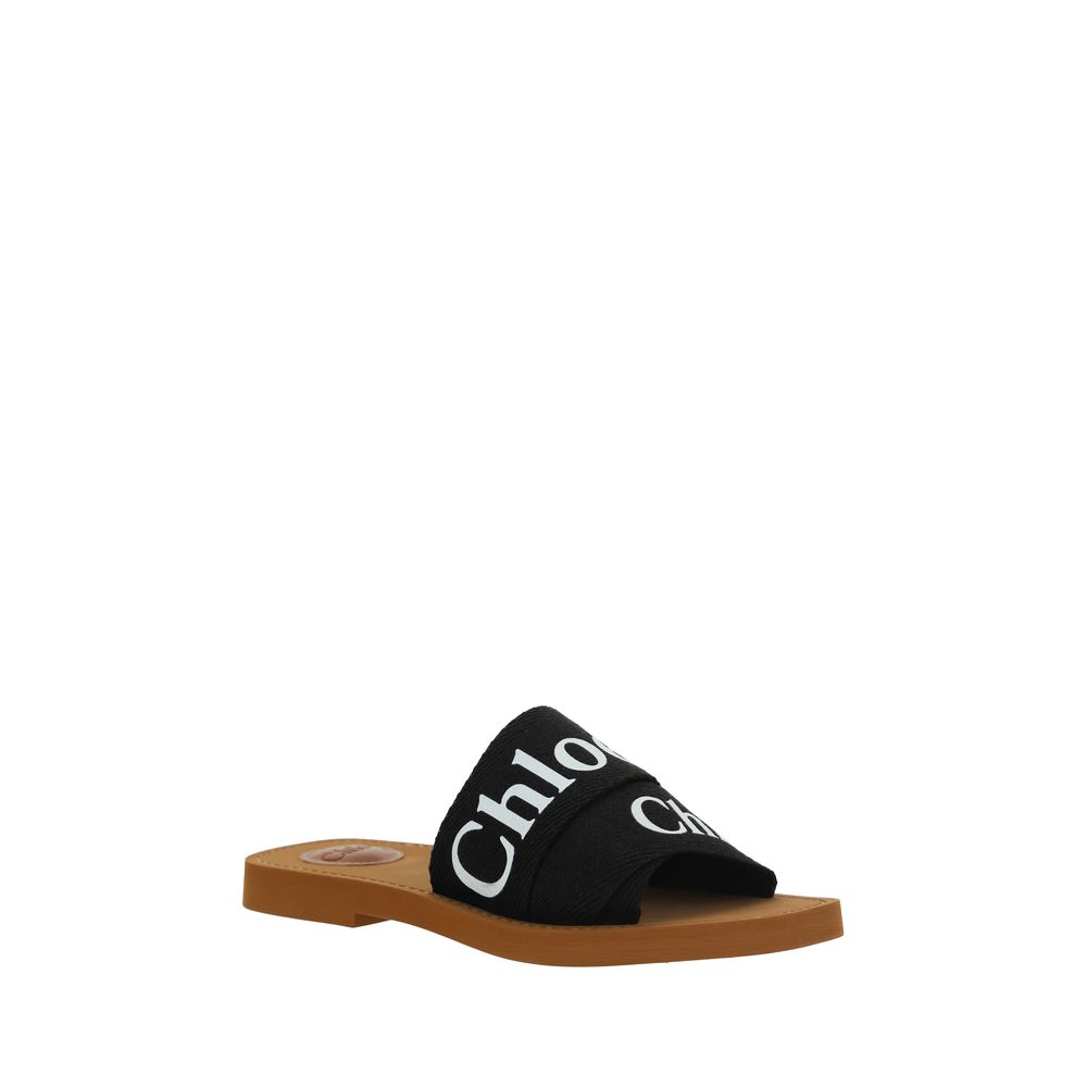 Chloé Linen Woody Flat Sandals - Black