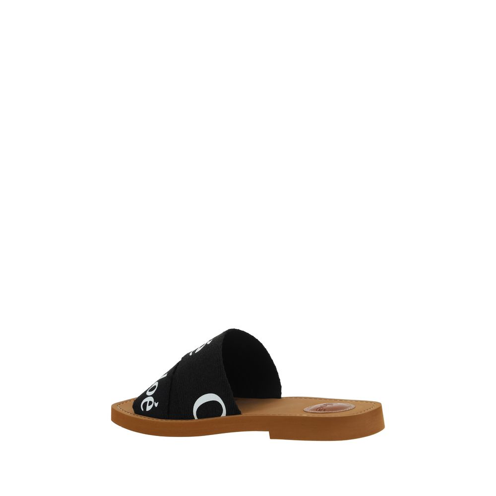 Chloé Linen Woody Flat Sandals - Black