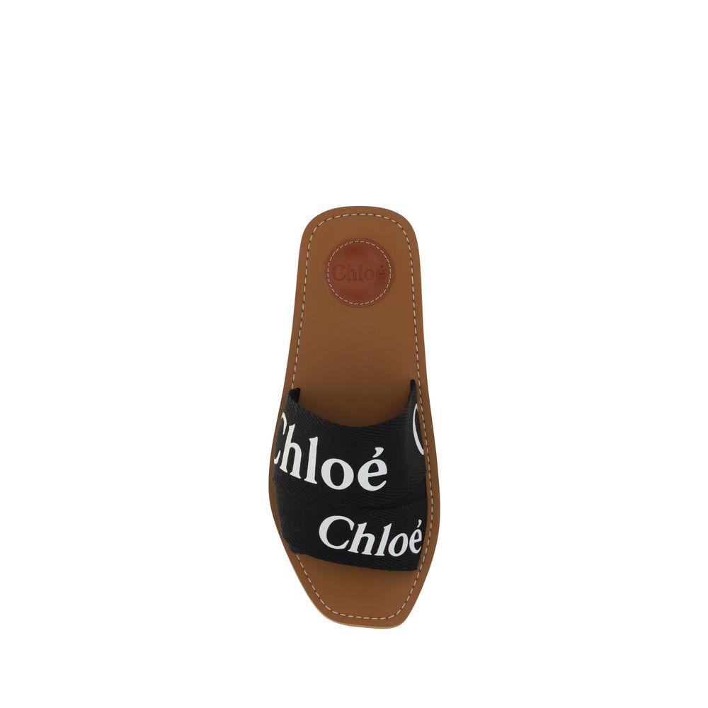 Chloé Linen Woody Flat Sandals - Black