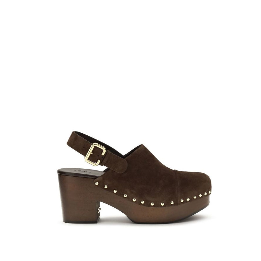 Chloé Jeannette Heeled Clog Mules In Suede Leather - Brown