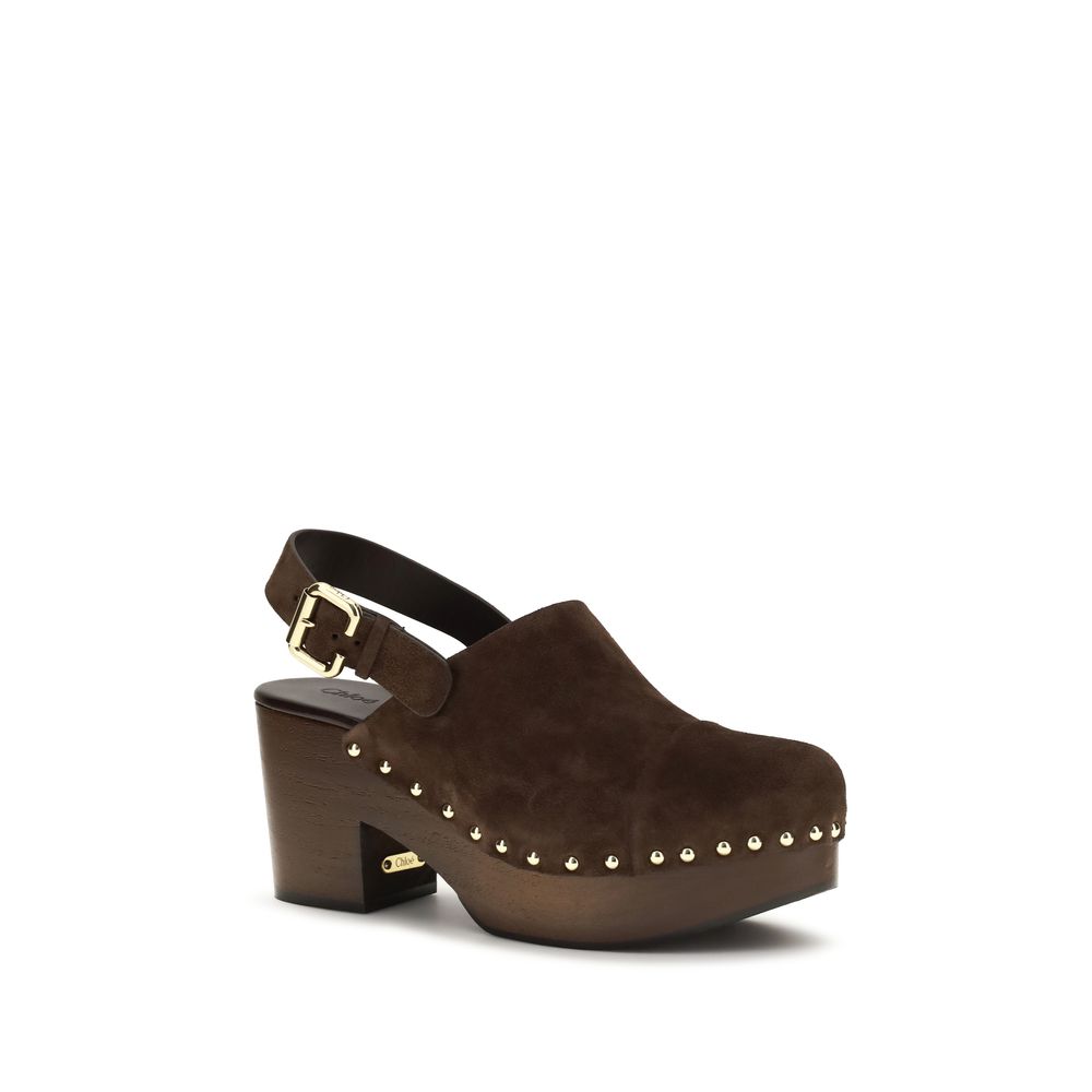 Chloé Jeannette Heeled Clog Mules In Suede Leather - Brown
