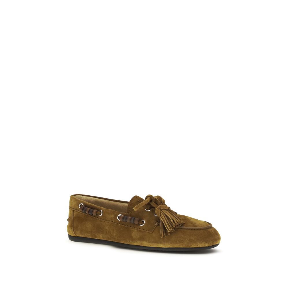 Miu Miu Suede Leather Slip On Boat Shoes - Tan Brown