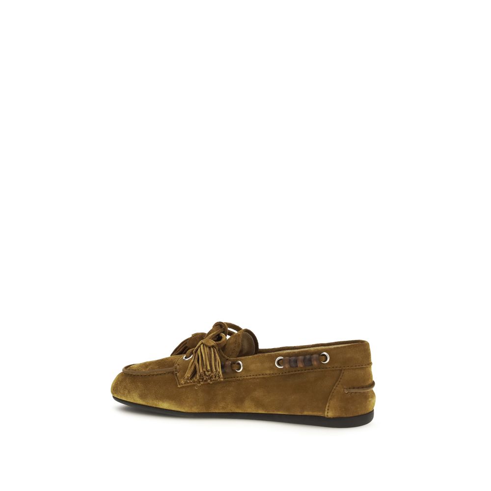 Miu Miu Suede Leather Slip On Boat Shoes - Tan Brown