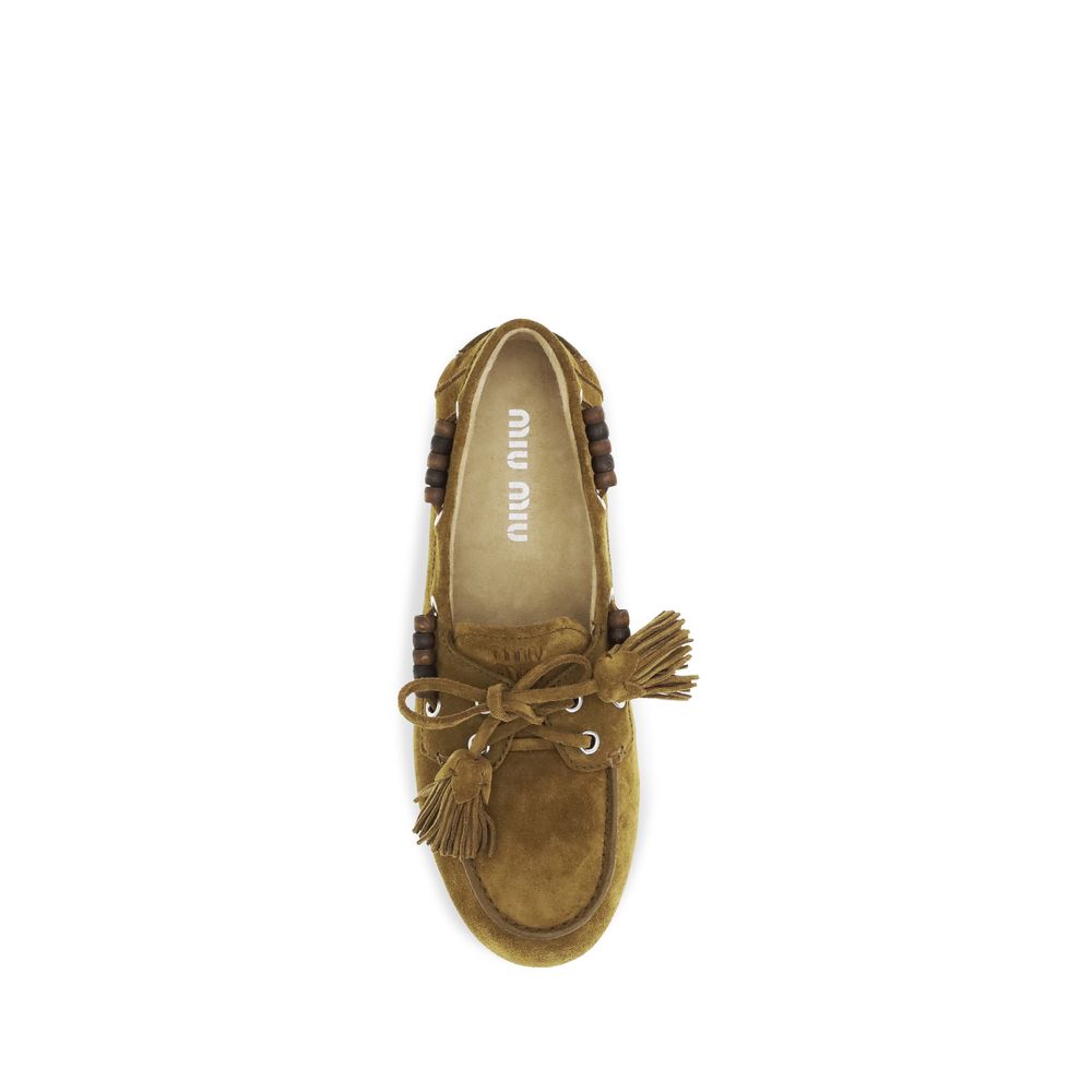 Miu Miu Suede Leather Slip On Boat Shoes - Tan Brown