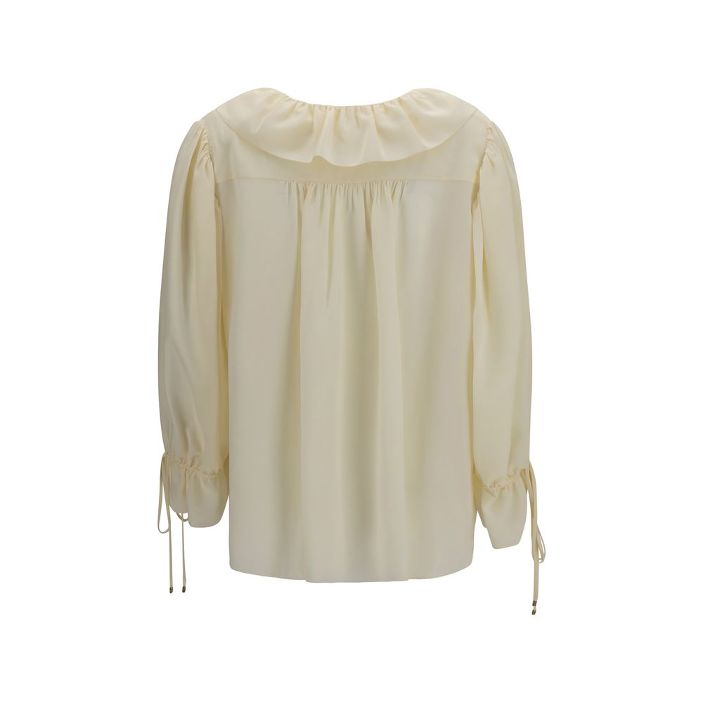 Chloé Silk Ruffled V-Neck Blouse &amp; Shirt - Ivory/Beige